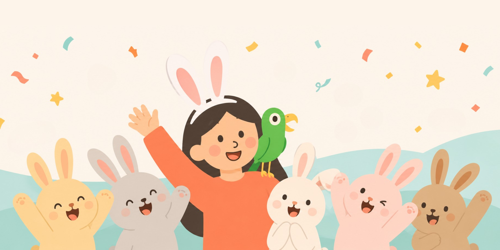 Cheerful illustrated Mandarin teacher with rabbit characters